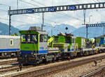BLS Schienenfahrzeuge für Bau und Unterhalt sind am 28.05.2012 beim Bahnhof Spiez (aufgenommen aus einfahrendem Zug) abgestellt.
