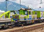 Der BLS Baudiensttraktor Tm 235 093- 2 (Tm 98 85 5 235 093-2 CH-BLS), ex BLS Tm 2/2 93 ist am 28.05.2012 beim Bahnhof Spiez (aufgenommen aus einfahrendem Zug) abgestellt.
