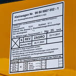 Anschriftentafel vom ZAGRO / M-B Unimog U 423, Kleinwagen Nr.99 80 9907 052-1 der ZAGRO Bahn- u. Baumaschinen GmbH, wurde auf der Messe “transport logistic 2019“ in Mnchen (hier 05.06.2019) prsentiert.